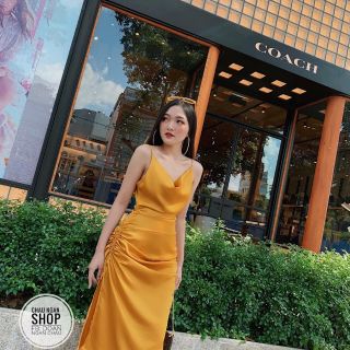 Đầm phi 2 dây  cổ đổ rút dây xẻ tà