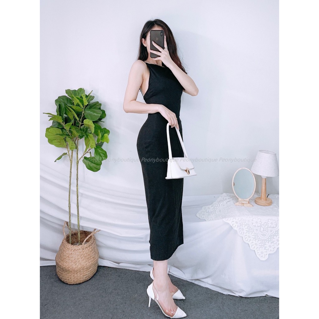 Váy Maxi 2 Dây Hở Lưng 🌺 Đầm suông nữ dáng dài màu đen basic cổ yếm SIÊU HOT 🌺