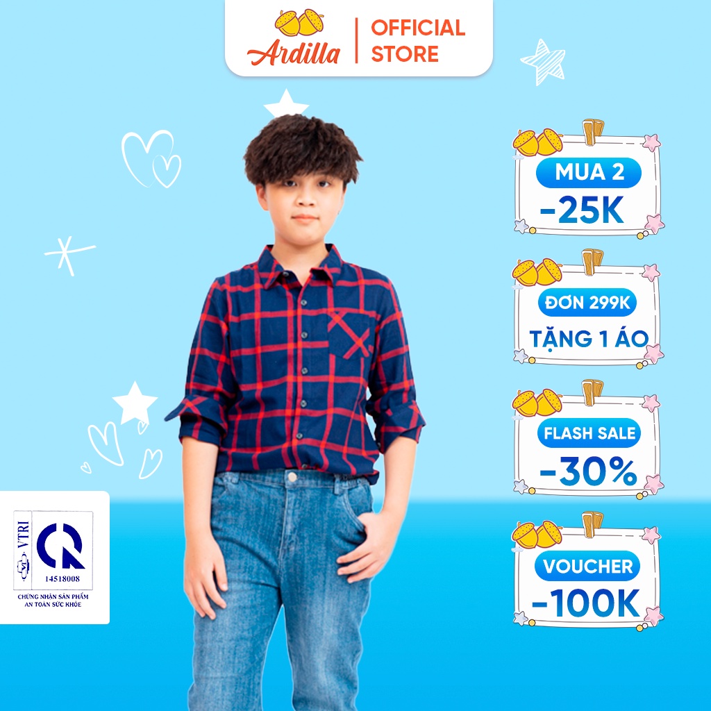 Áo Sơ Mi Bé Trai ARDILLA Thiết Kế Dài Tay Họa Tiết Kẻ Caro, Chất Liệu Vải Cotton Mềm Mại Cho Bé Từ 2-13 Tuổi AA1801-SMD