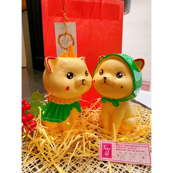 Set quà tặng 2 heo đất thạch cao, mẫu Mèo King &amp; Queen (mèo công chúa), decor sẵn như hình. Hàng có sẵn