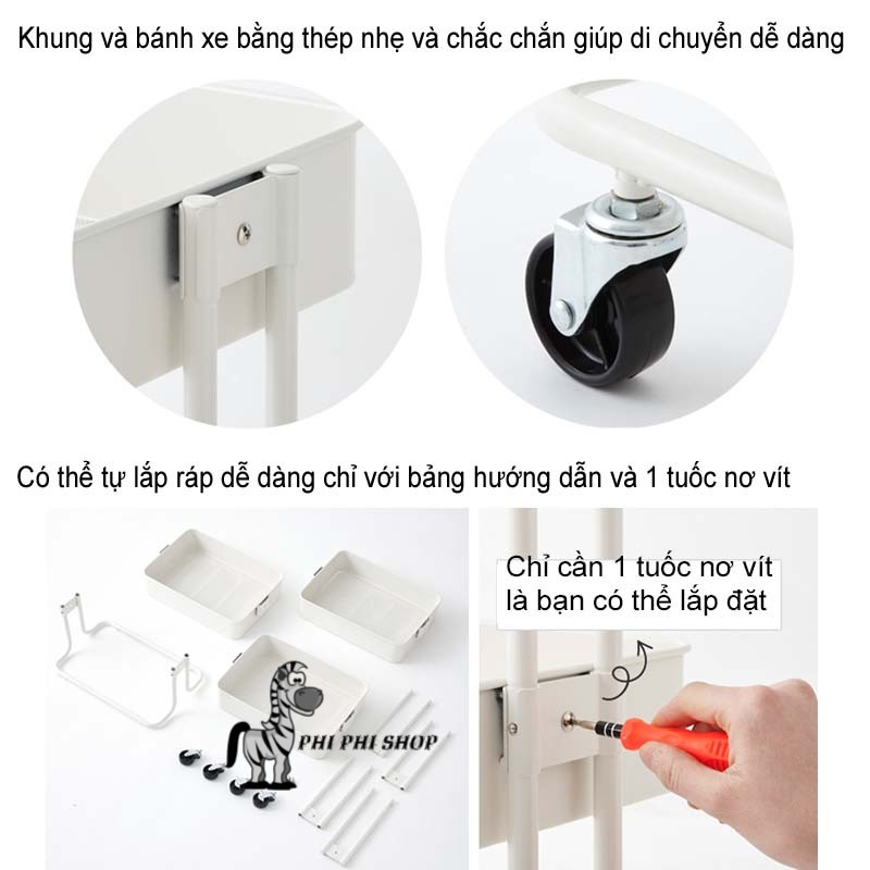 Kệ đẩy 3 tầng đa năng Lock&amp;Lock bằng thép không gỉ có bánh xe INP737