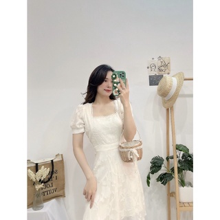 ĐẦM DA CỔ VUÔNG REN DÁNG XÒE