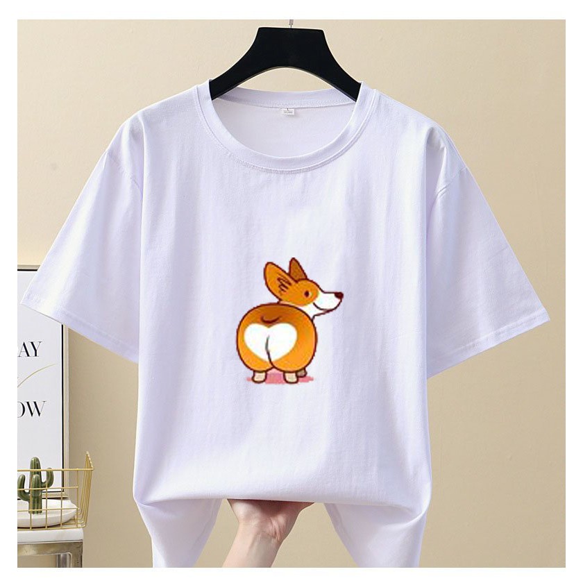 Áo Phông Nữ Ngắn Tay Mặc Đi Chơi Mùa Hè Xinh Cute, Áo Trắng Cotton Mịn Mềm Mát In 3D Hình Chú Chó Corgi Siêu Đáng Yêu