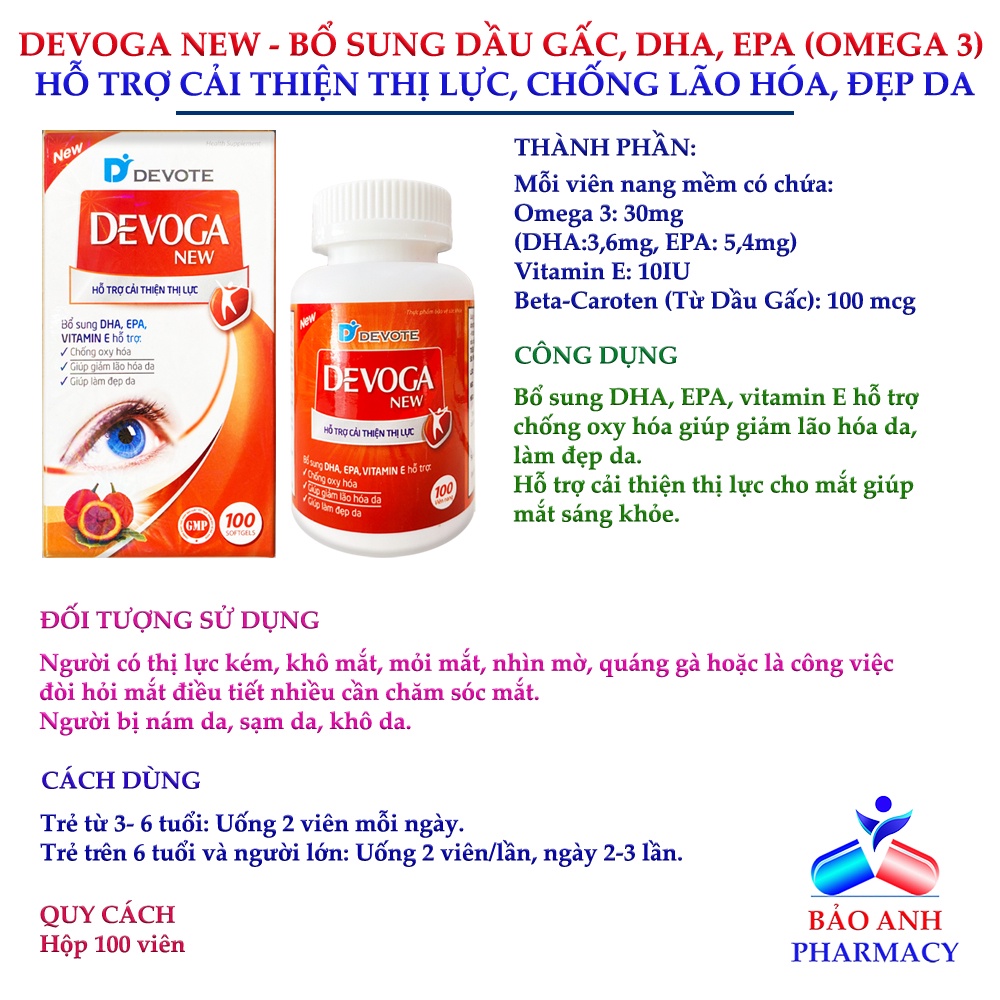 Viên uống  Dầu gấc DEVOGA New – Hỗ trợ cải thiện thị lực, giúp mắt sáng khỏe – Hộp 100 viên