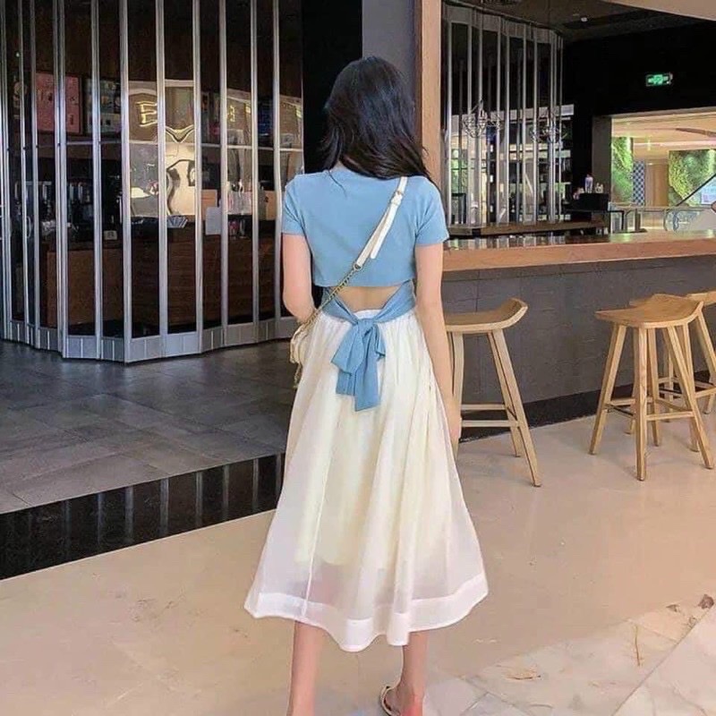 Set áo cột nơ hở lưng + chân váy công chúa