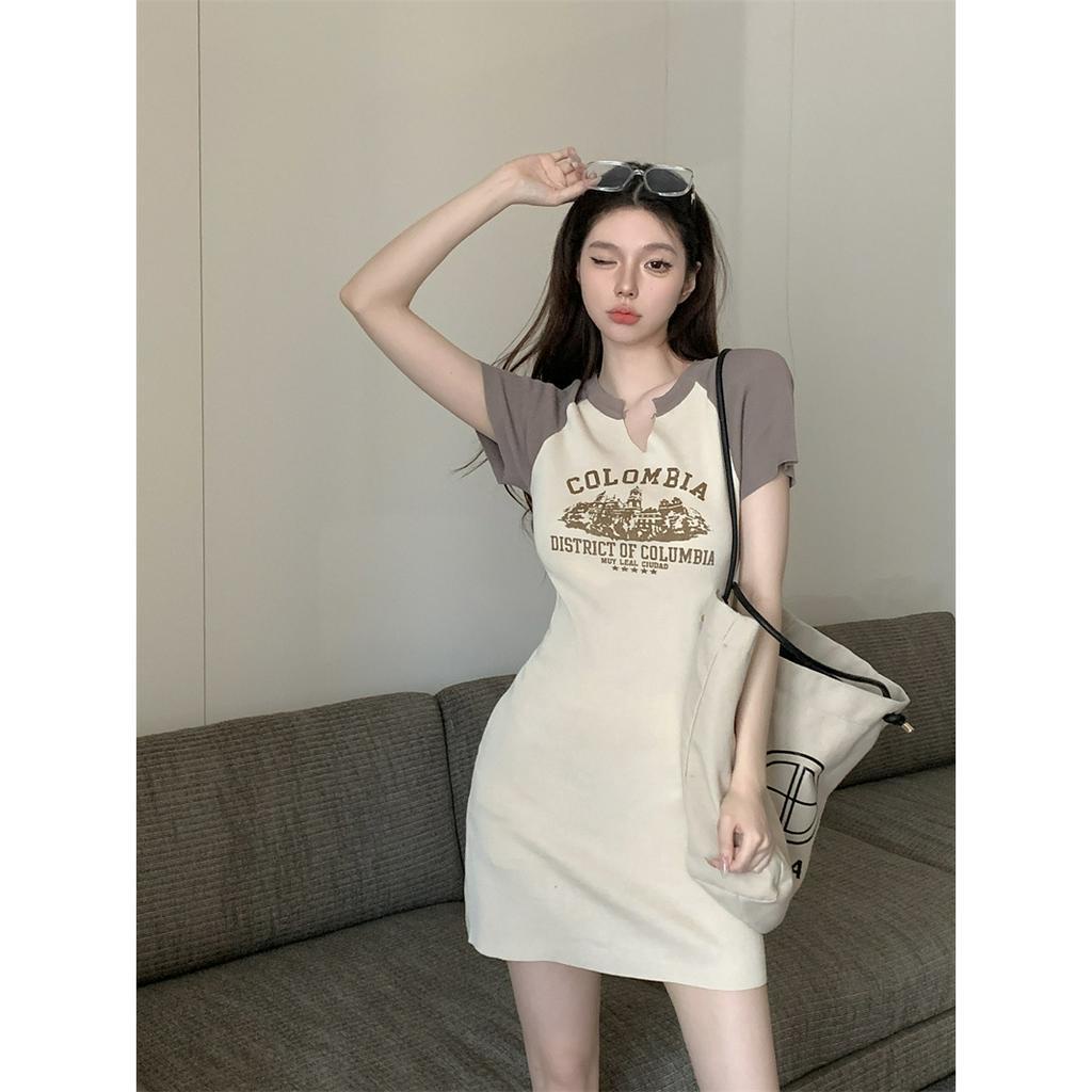 ZHELIHANGFEI Đầm Tay Ngắn In Chữ Nhỏ Màu Sắc Tương Phản Phong Cách Retro Mỹ Cho Nữ