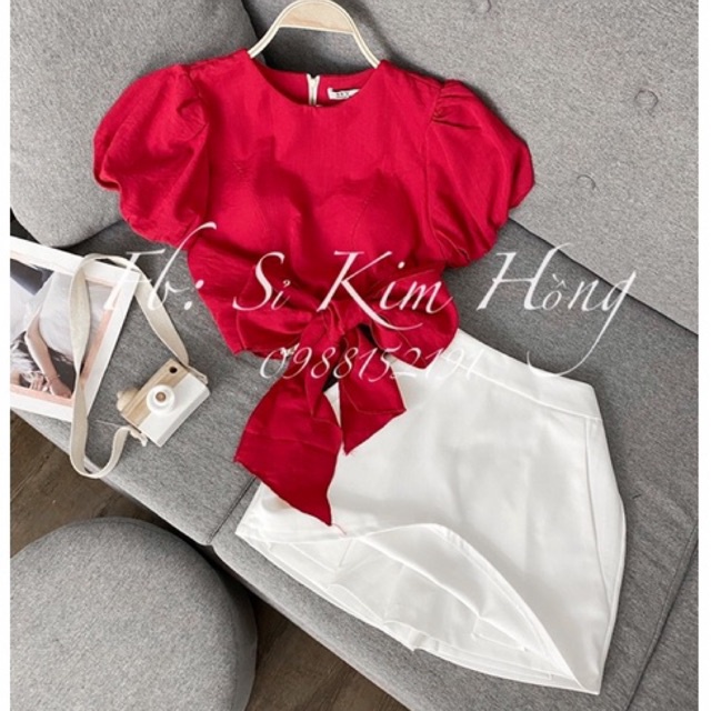 Áo kiểu nữ tay ngắn phồng nhẹ cột nơ khoá kéo sau Mã 597( (ẢNH SHOP CHỤP THẬT)