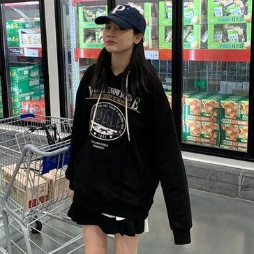 Áo Hoodie Tay Dài Form Rộng Họa Tiết In Theo Phong Cách Preppy Dễ Phối Đồ