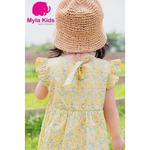 Đầm bé gái họa tiết hoa nhí màu vàng tay cánh tiên  Mylakids chất liệu thô cotton an toàn cho da bé