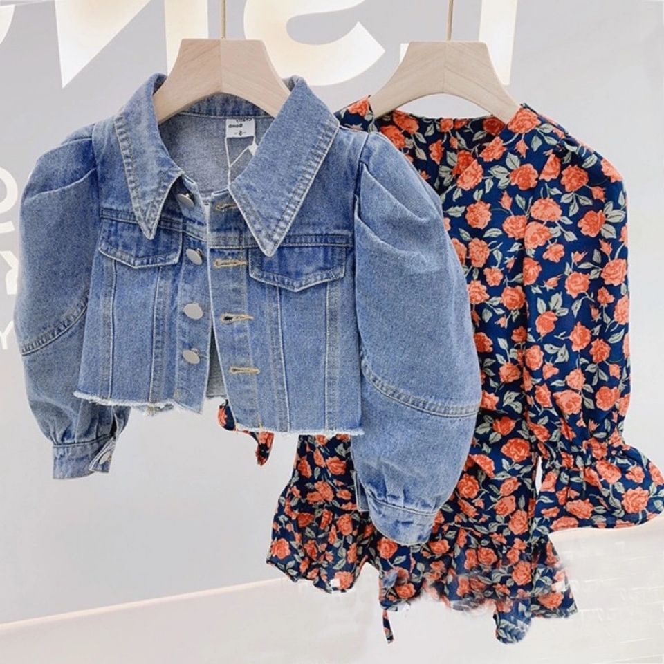 Bộ Áo Khoác Denim Tay Phồng + Đầm Công Chúa Thời Trang Hàn Quốc Cho Bé Gái 2021