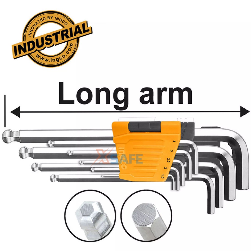 Bộ 9 chìa lục giác bi INGCO HHK12091 nhỏ gọn Khóa lục giác thép Cr-V cứng cáp, chịu nhiệt, size 1.5-10mm - Xsafe
