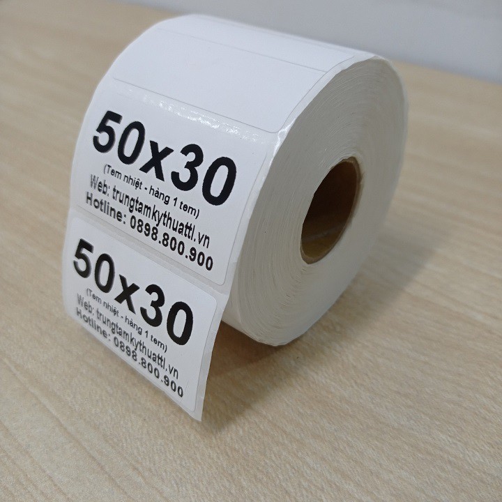 Giấy Decal nhiệt 50x30 mm x 30m, Decal Trà sữa 50x30 mm x 30m, Giấy in mã vạch tem nhãn, tem phụ 50x30 mm x 30m