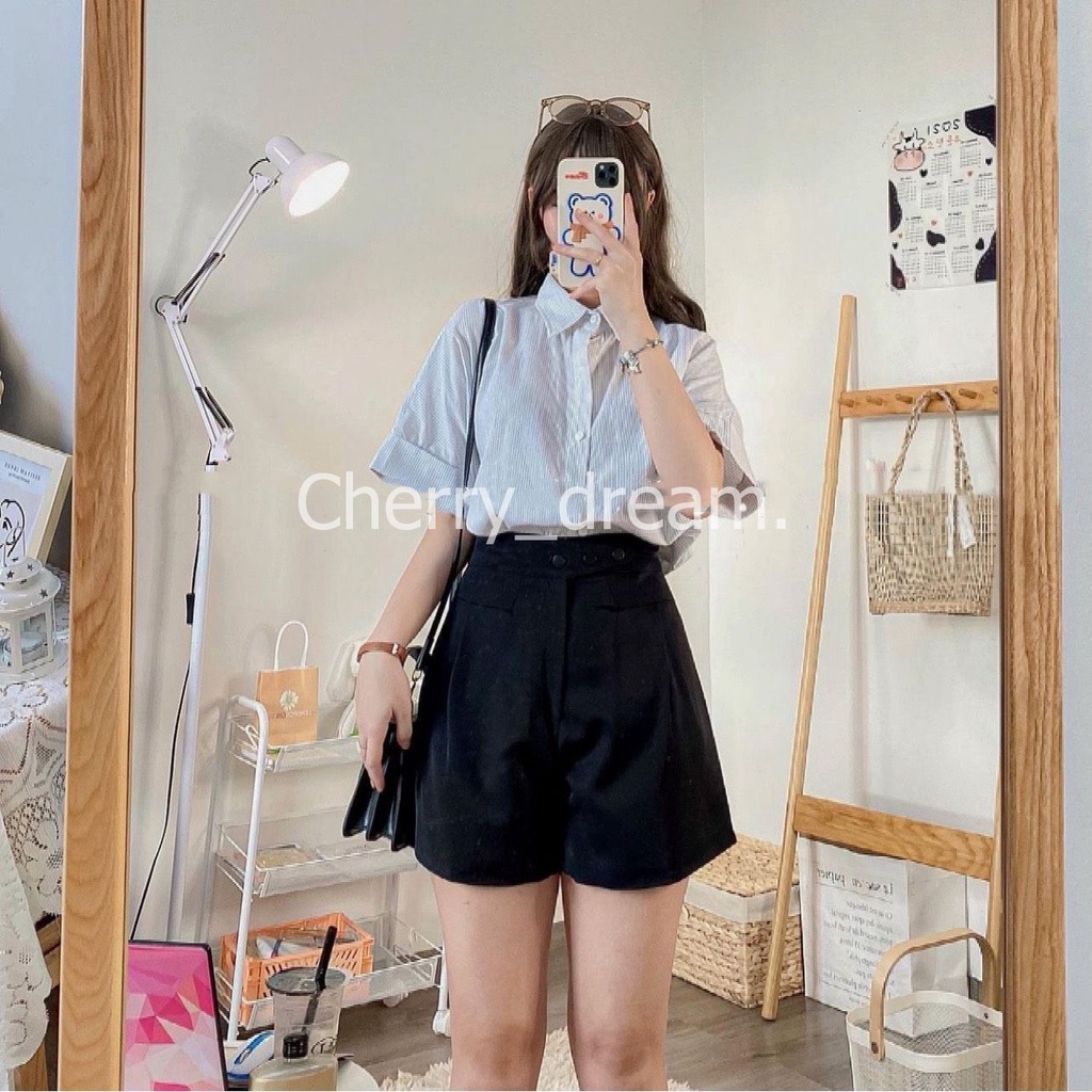 Áo sơ mi nữ form rộng kẻ ngắn tay có cài cúc trước và sau dáng ulzzang vintage hàn quốc