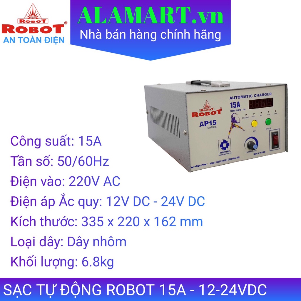 MÁY SẠC  ẮC QUY TĂNG GIẢM LOẠI TỰ ĐỘNG ROBOT 15A - 12-24VDC