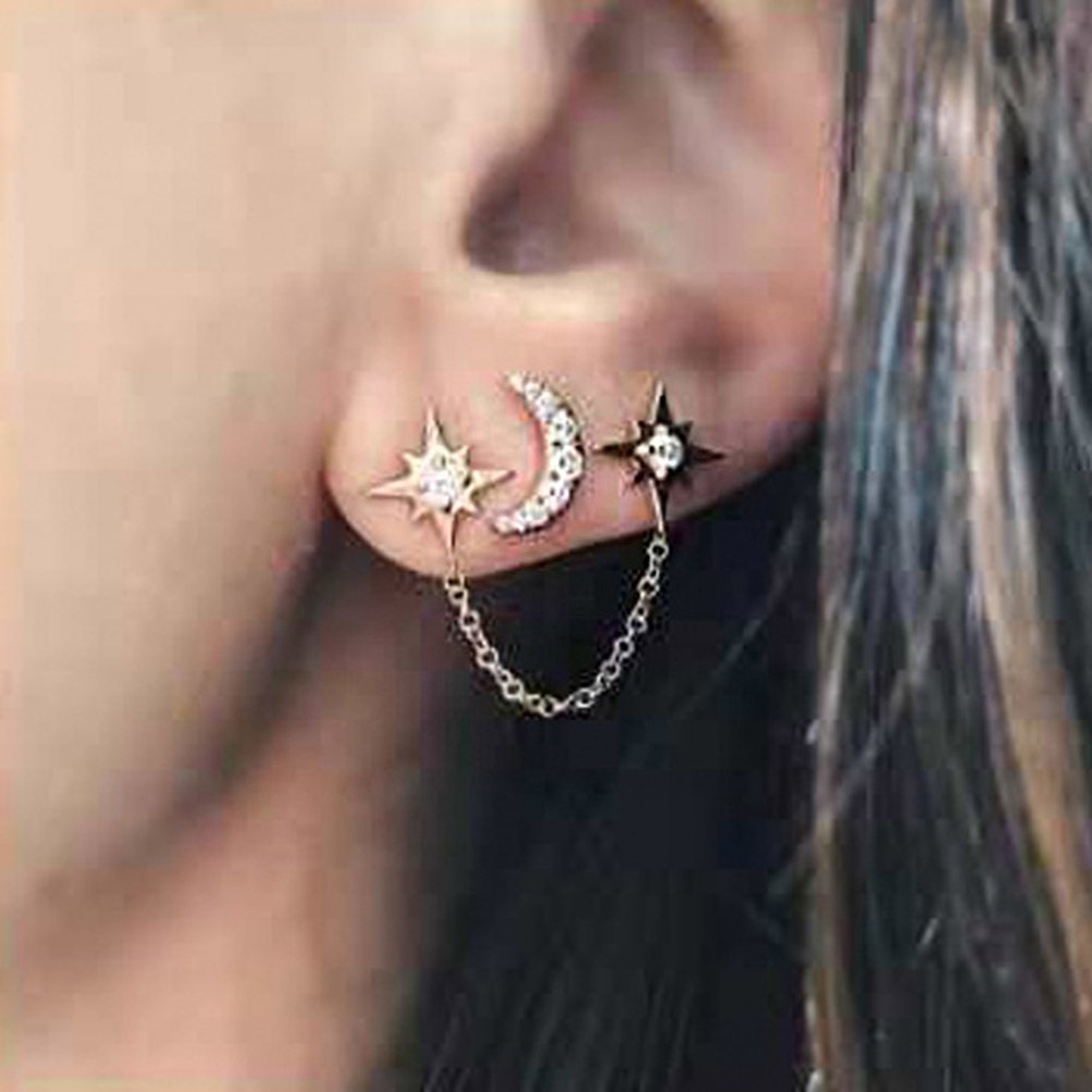 Classic  Personality Temperament Moon Star Rhinestone Chain Earrings Geometric Tassel Stud Ear Clip Jewelry