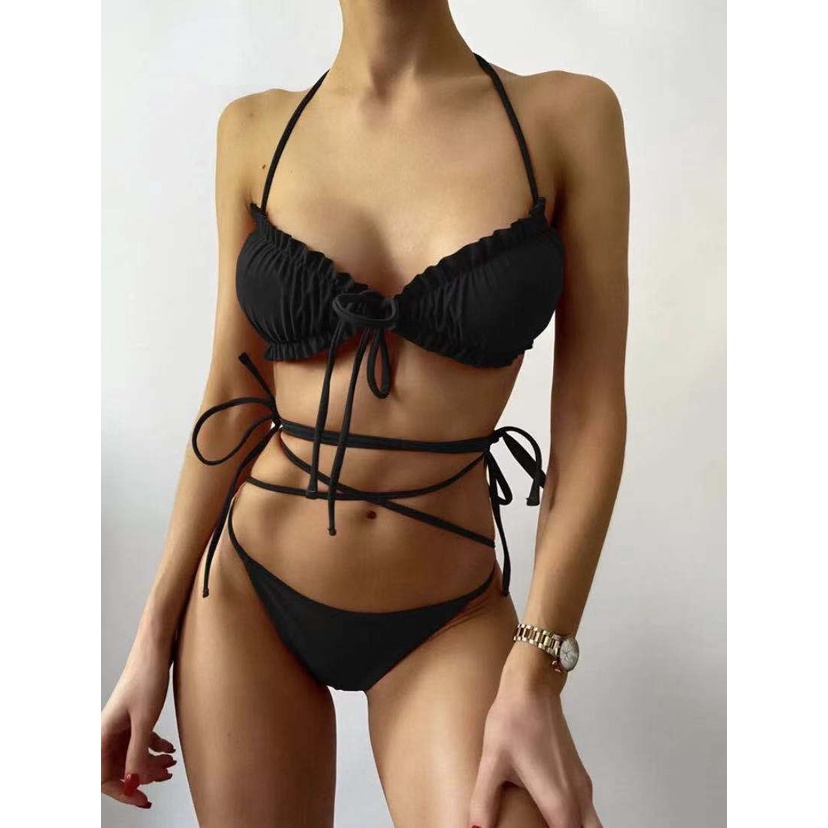 [BKN1509] &lt;ÂU&gt; SET BIKINI 3 MÓN ĐEN ĐAN DÂY EO KÈM CHÂN VÁY DÀI XẺ TÀ