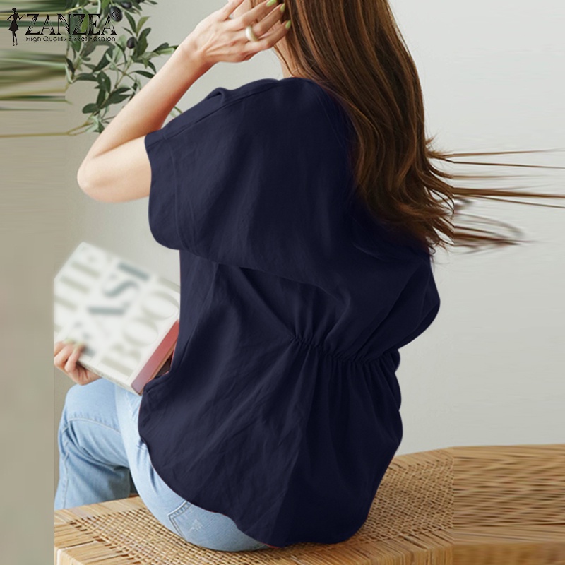 Áo thun ZANZEA ngắn tay cổ tròn lưng thun thời trang cho nữ