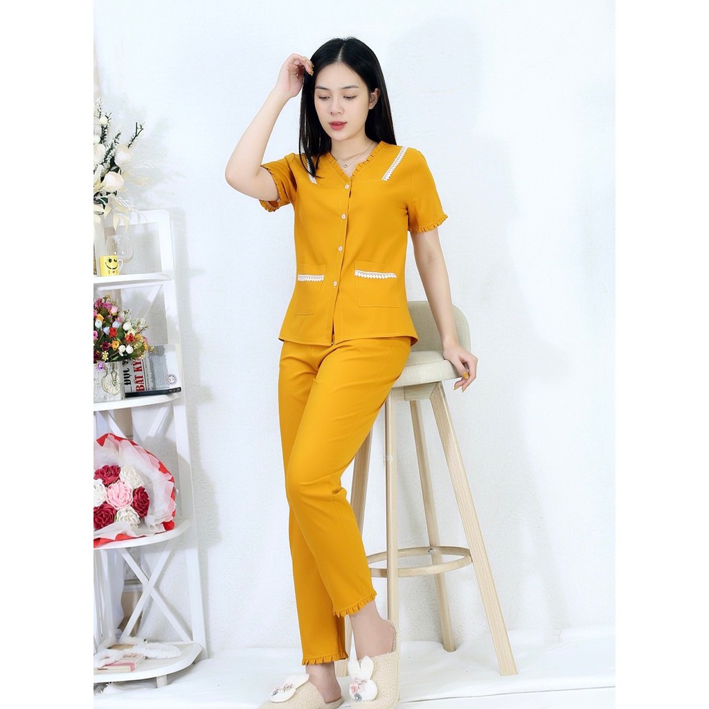 Bộ đồ bộ màu VÀNG PHA REN tay ngắn quần dài vải siêu lụa - Thoải Mái Nhẹ Nhàng