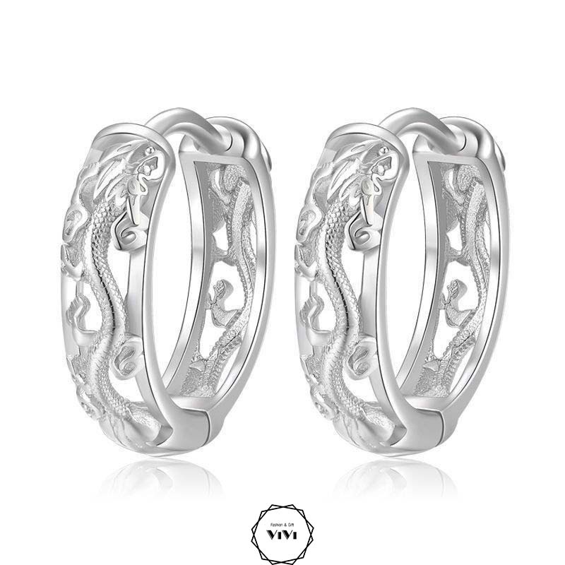 Bông tai bạc nam dáng tròn kiểu rồng bay Dragonfly 12mm – khuyên tai bạc ViVi_Gift