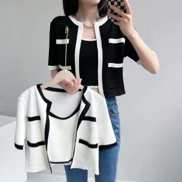 SUXI Mới Áo Cardigan Dệt Kim + Áo Croptop Phối Màu Tương Phản Đơn Giản Phong Cách Hàn Quốc