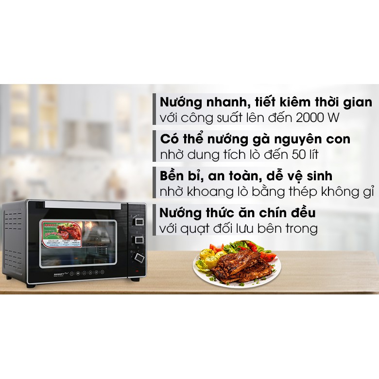 Lò nướng Sanaky VH5099S2D 50 lít-chính hãng.Công suất 2000 W, nướng chín nhanh, tiết kiệm thời gian