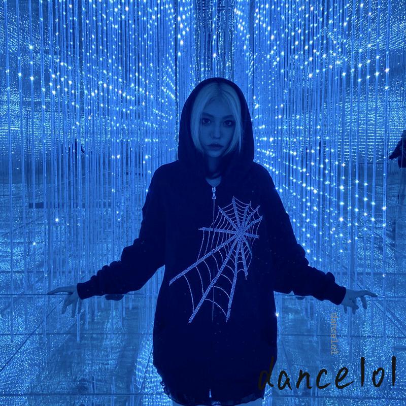 Áo Khoác Nhảy Múa Tay Dài Có Dây Kéo Hình Mạng Nhện Đính Đá 1O1-Y2k