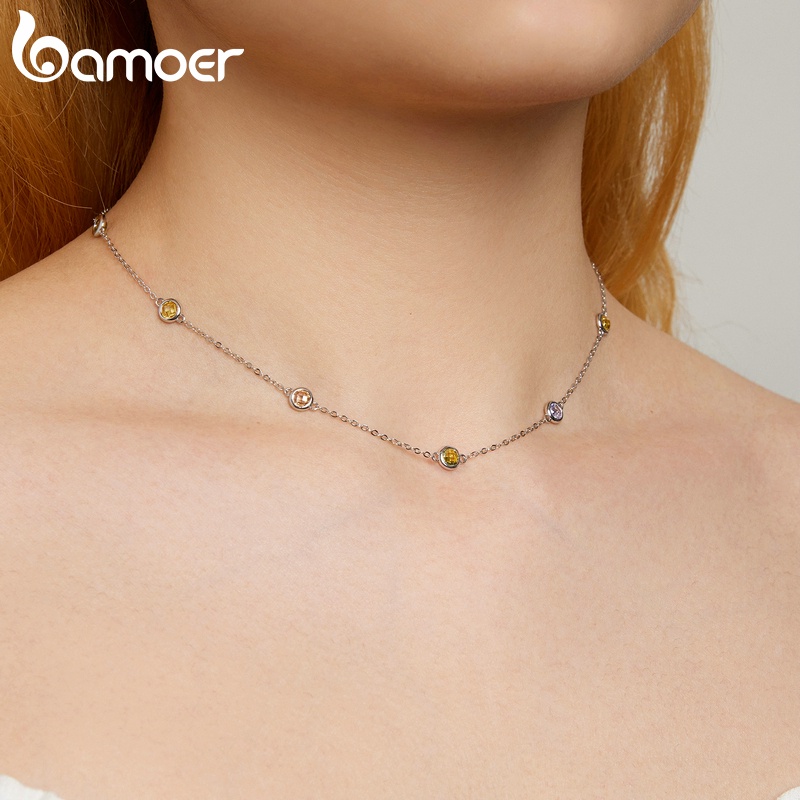 Dây chuyền BAMOER bạc 925 mặt thủy tinh tròn 7 màu sắc có thể điều chỉnh thời trang cho nữ