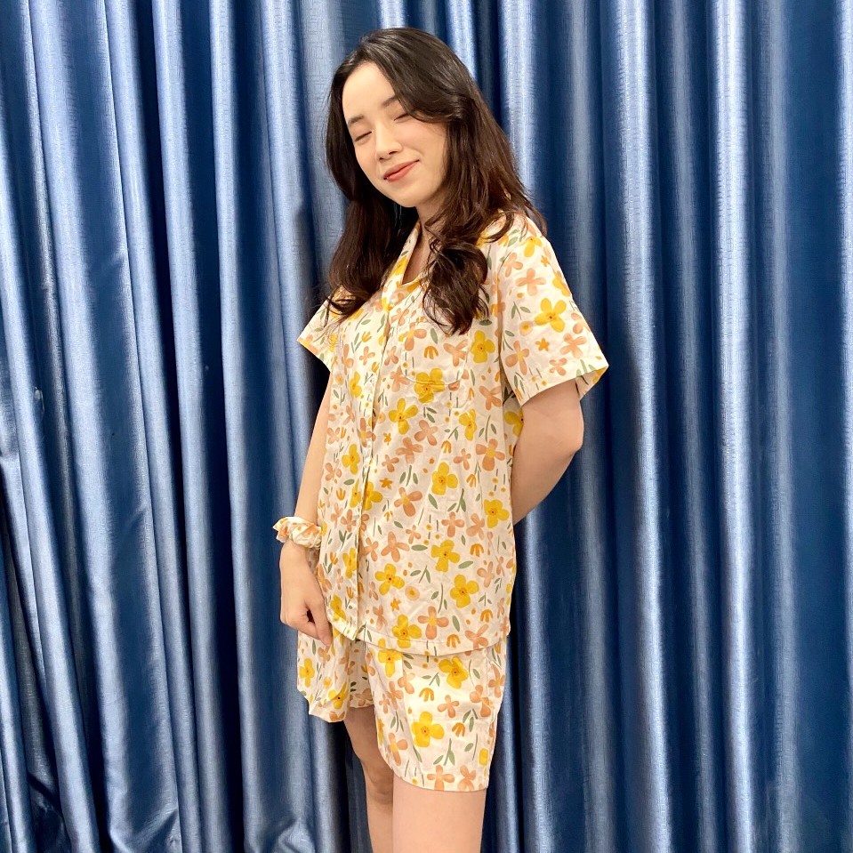 [XẢ KHO] Bộ Pyjama thô Hàn - Hoa 4 cánh Thiết kế siêu xinh Quần đùi áo cộc
