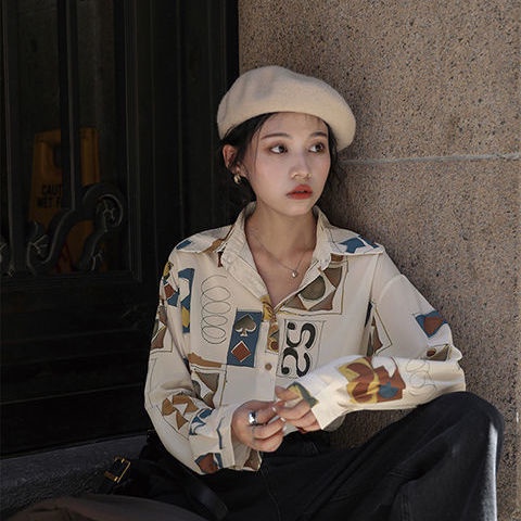 Áo sơ mi tay dài in họa tiết hình học retro thời trang công sở thời trang cho nữ