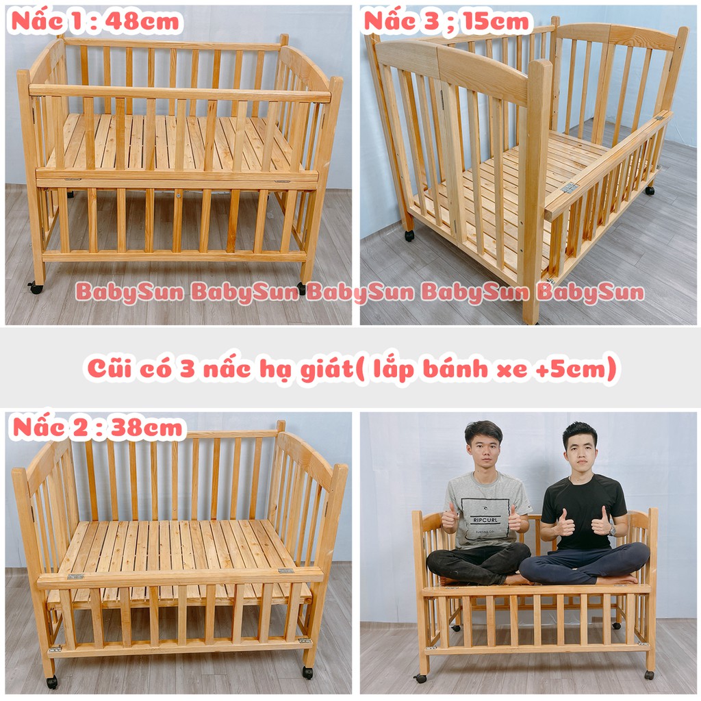 Cũi Trẻ Em BabySun Chất Liệu Gỗ Quế Xuất Khẩu Kích Thước 120x80x96cm Màu Tự Nhiên Hàng Xuất Khẩu Bảo Hành 24 Tháng