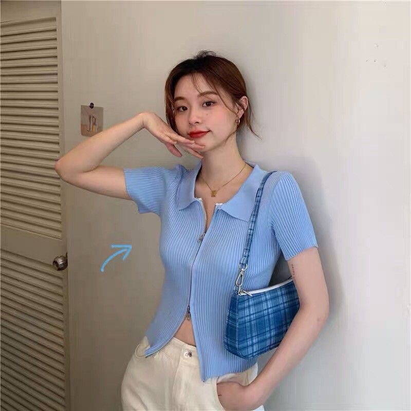 Áo Len nữ cộc tay kéo khoá 2 chiều cổ bẻ