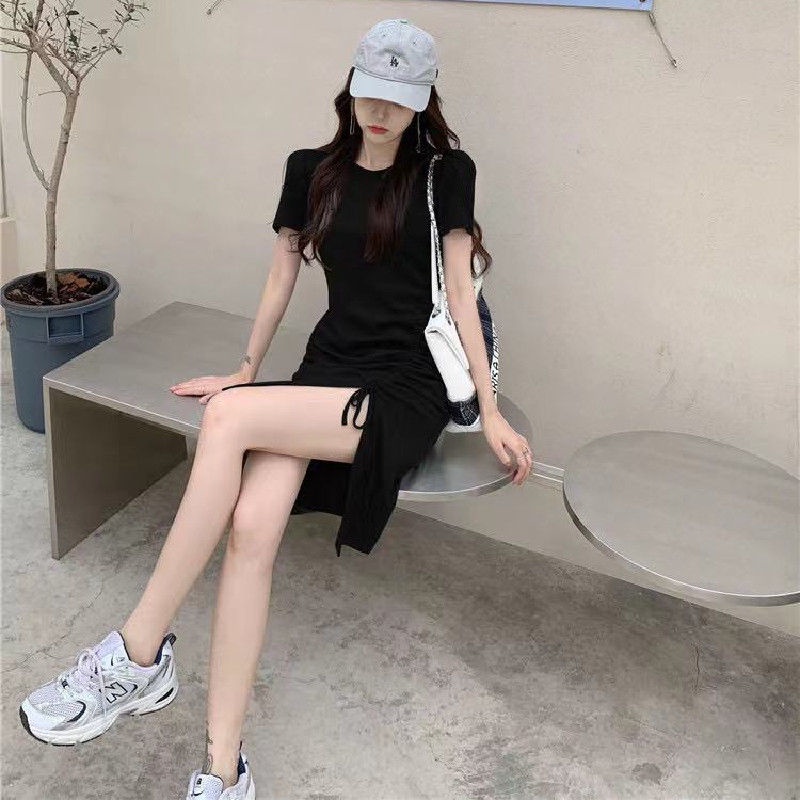 COZOK Đầm Tay Ngắn Phối Dây Rút Xẻ Tà Quyến Rũ Hợp Thời Trang