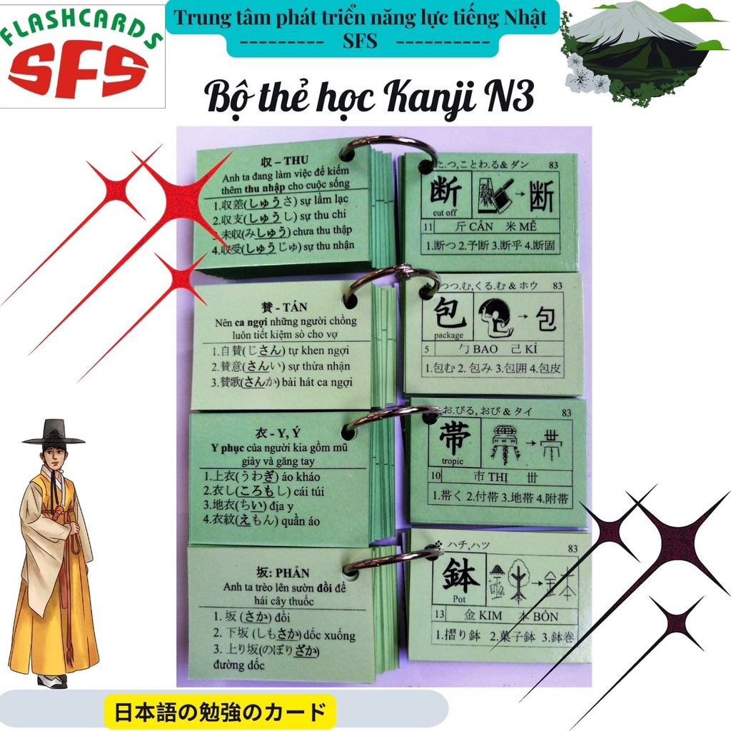 Bộ thẻ học Kanji N3_ Gồm 4 thẻ với 400 chữ Kanji được soạn theo trình thi năng lực tiếng Nhật