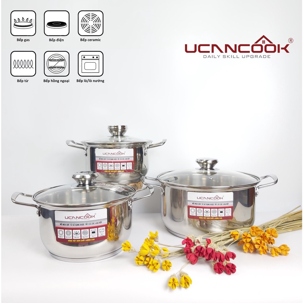 Bộ Nồi Inox 3 Món (size 18, 20, 26) 3 lớp đáy + Xửng Hấp size 20 + 2 Vá Inox 07 UCANCOOK