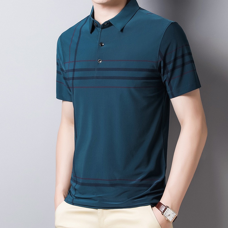 Áo Thun polo Tay Ngắn Dáng Ôm Vải Lụa Lạnh Mỏng Nhanh Khô In Họa Tiết Caro Kiểu Hàn Quốc Thời Trang Cho Nam