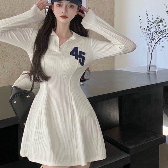 Váy Thun Tăm Polo Dài Tay Đầm Xoè Cổ Sơ Mi Thêu Số 45 Dáng Bassic Sexy Hàn Quốc | BigBuy360 - bigbuy360.vn