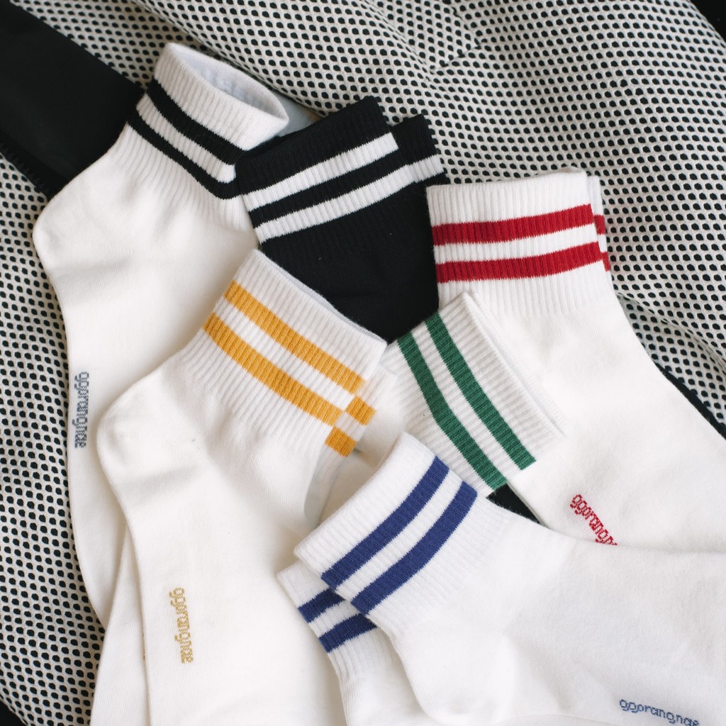 MEN DOUBLE LINE - Tất vớ cao cổ nam kẻ hai sọc thể thao, nhập khẩu Hàn Quốc