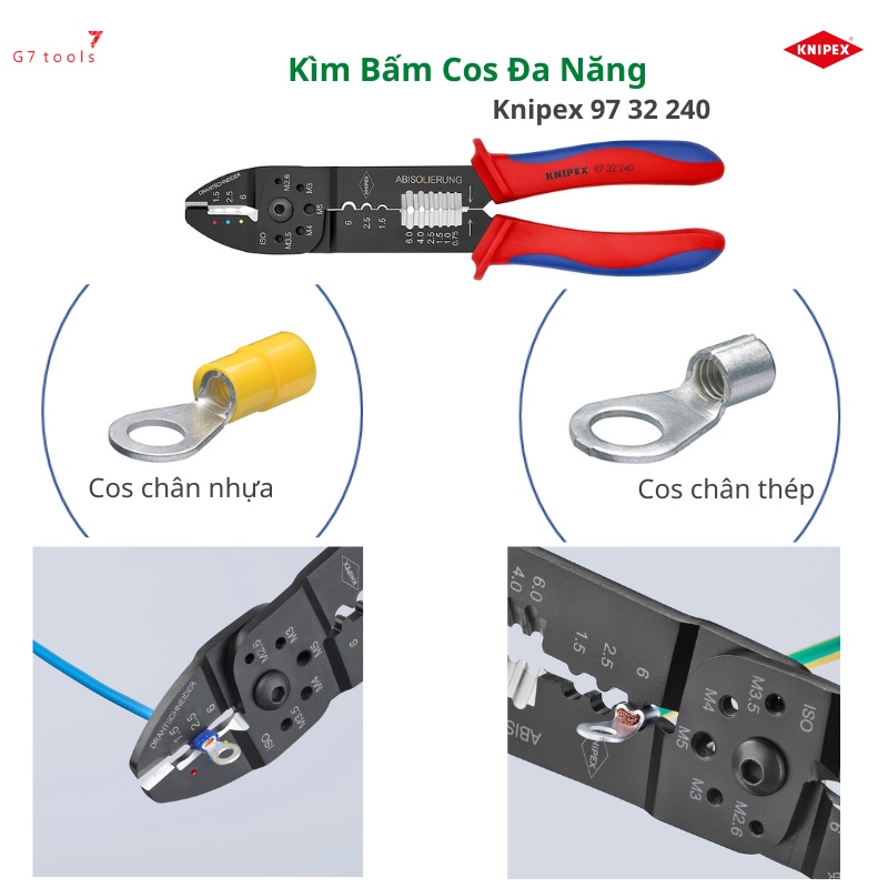 Kìm Bấm Cos Knipex Đa Năng: Bấm Nhiều Loại Cos 0.5 - 6.0 mm², Cắt &amp; Tách Cáp Điện 97 22 240/ 97 32 240