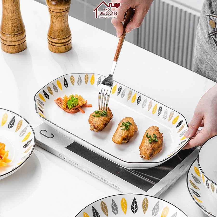 Bộ Bát Đĩa Phố Decor Ăn Cơm Phong Cách Nhật Bản Họa Tiết Lá Chất Liệu Gốm Sứ Cao Cấp - Mẫu 4