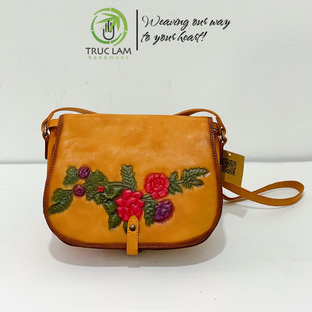 Túi Đeo Chéo Thời Trang Nữ Da Thật Cao Cấp Họa Tiết Cành Hoa – Trúc Lâm Handmade
