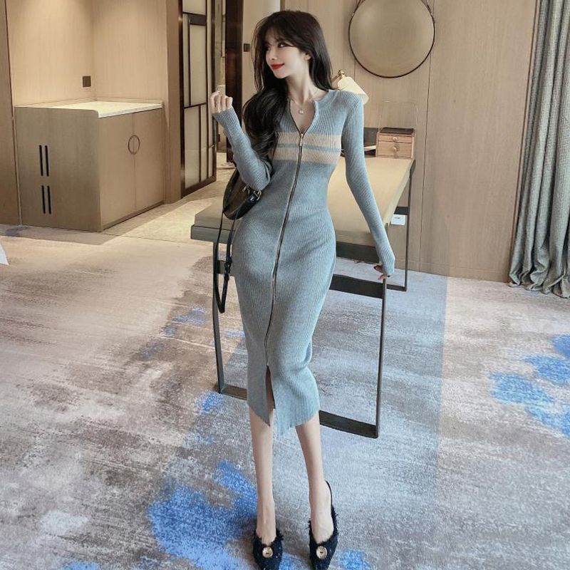 Đầm len dài dáng ôm, váy len dệt kim kéo khóa