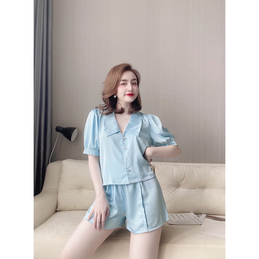 Đồ Mặc Nhà, Đồ Ngủ Mặc Nhà Áo Cổ Sen Tay Ngắn Quần Sọc Chất Lụa Satin Màu Trơn, Full Màu Form Rộng Rãi Thoải Mái. | BigBuy360 - bigbuy360.vn
