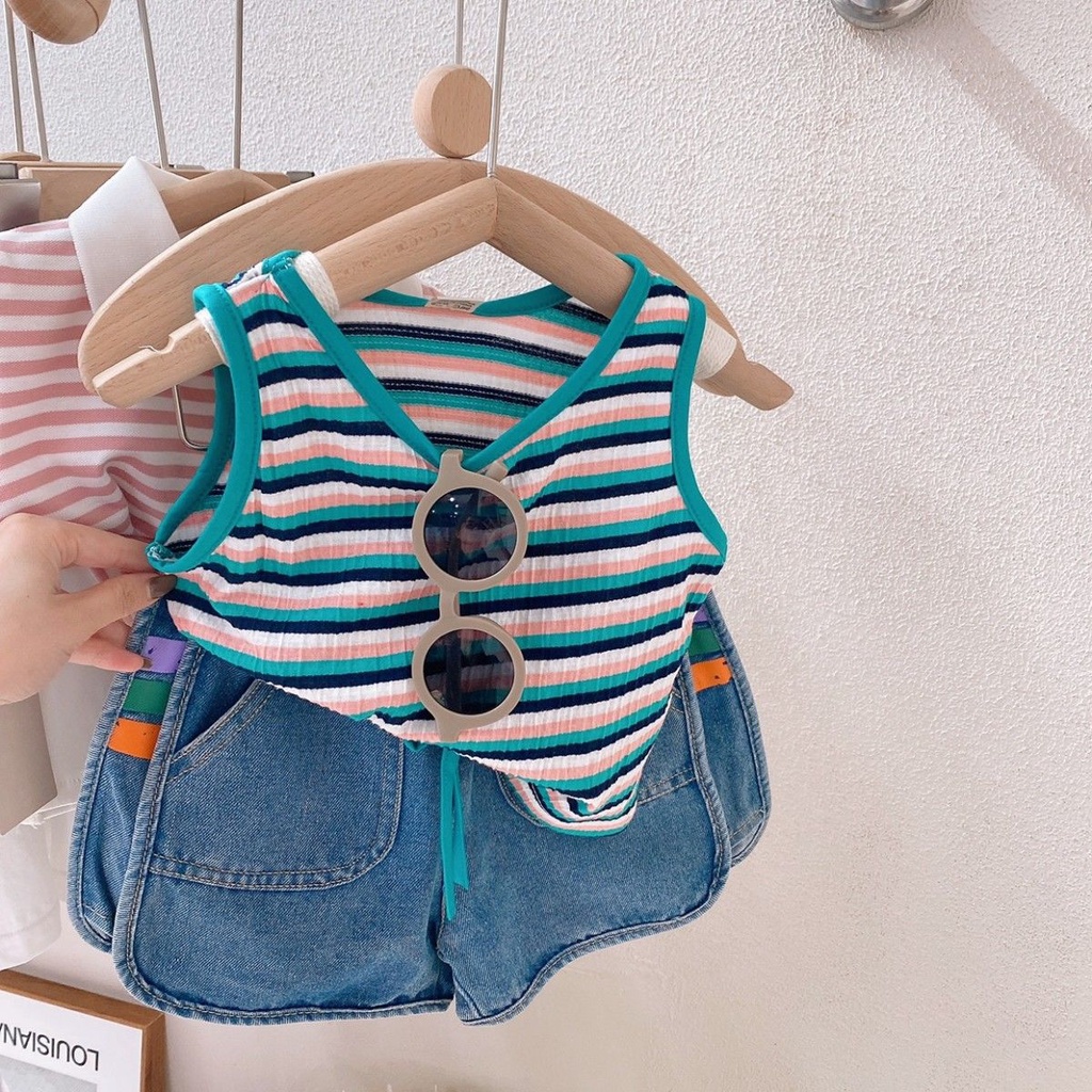 Set Áo Hai Dây Kẻ Sọc + Quần Short Denim Thời Trang Hè Hàn Quốc Mới 2023 Cho Bé Gái