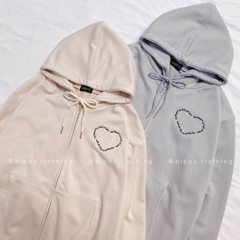 BIBOO - Áo khoác Hoodie Zip form rộng thêu hình TRÁI TIM - MY HEART IS FULL OF YOU chất liệu nỉ chân cua mịn đẹp