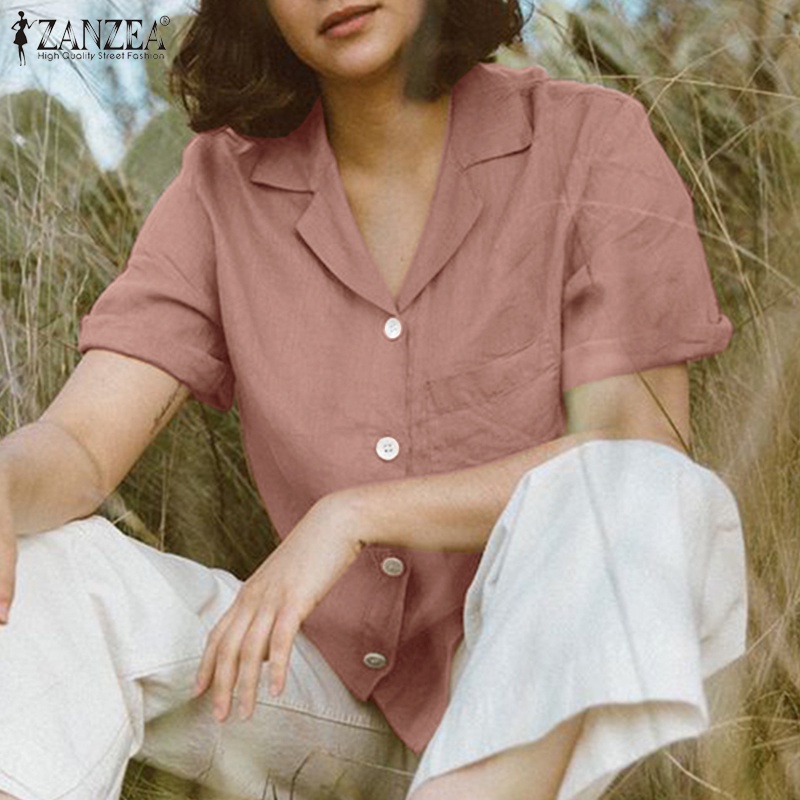 Zanzea Áo Sơ Mi Ngắn Tay Form Rộng Màu Trơn Thời Trang Dành Cho Nữ