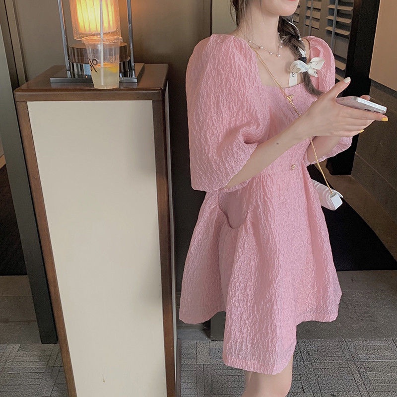 Đầm Hồng Tay Phồng Cổ Vuông Phong Cách Retro Pháp