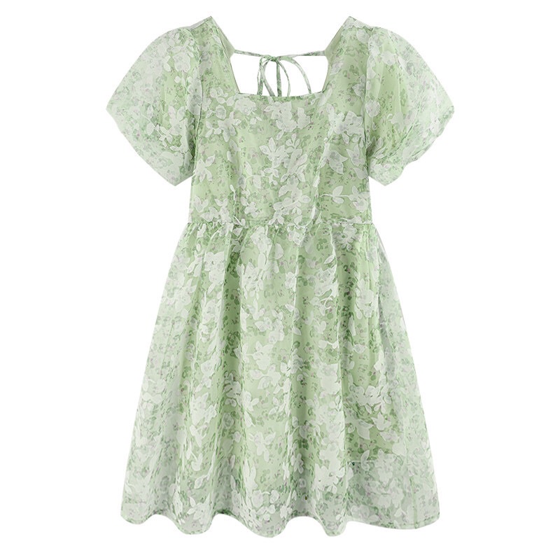 Đầm váy hoa voan tay phồng cao cấp hàng Quảng Châu