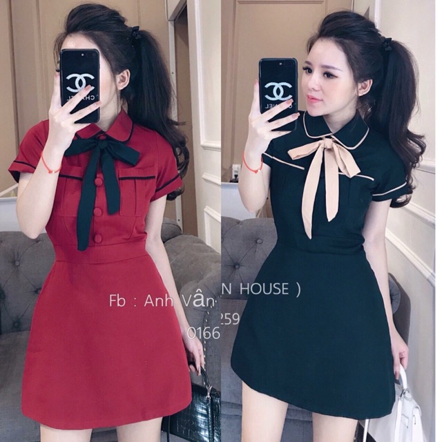 Đầm Xoè Phối Nơ Cổ Nút Bộc Siêu Hot