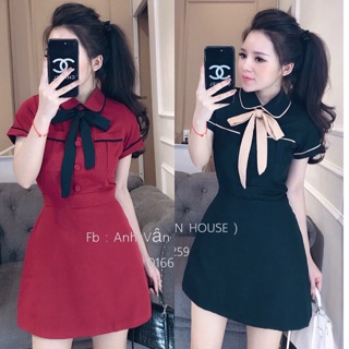 Đầm xoè phối nơ cổ nút bộc siêu hot