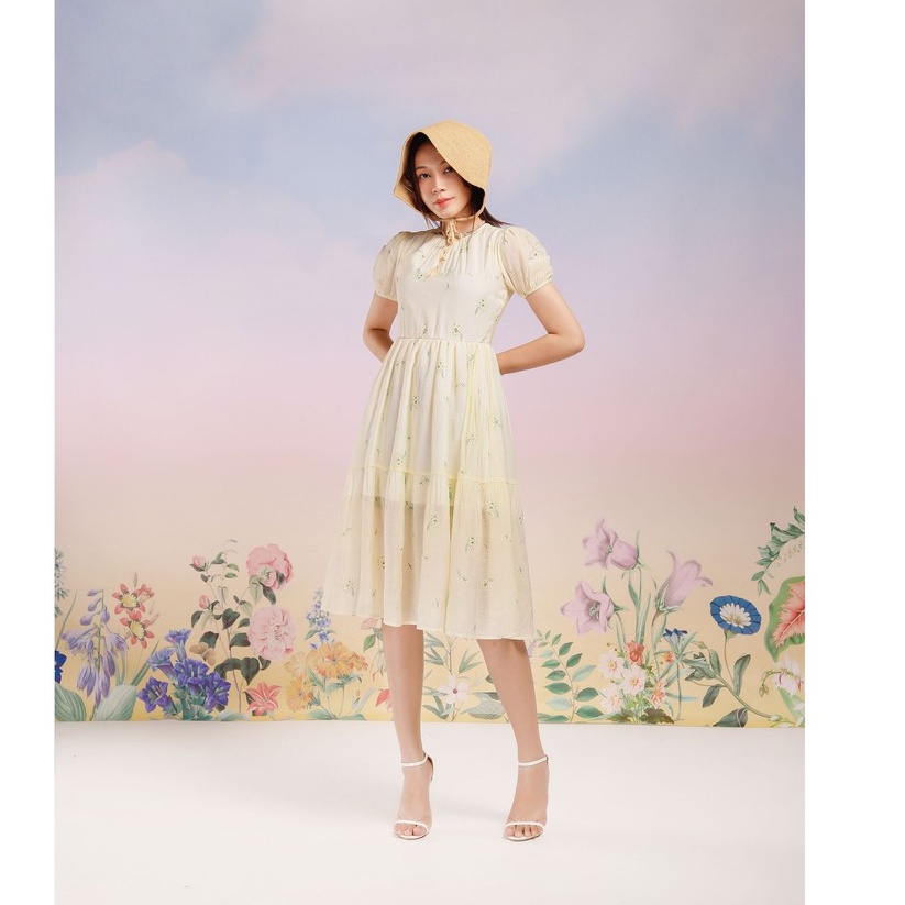 Đầm babydoll HEYBEE cổ tròn, chất vải voan tơ hoa màu vàng siêu xinh LILIUM BABYDOLL DRESS HT611